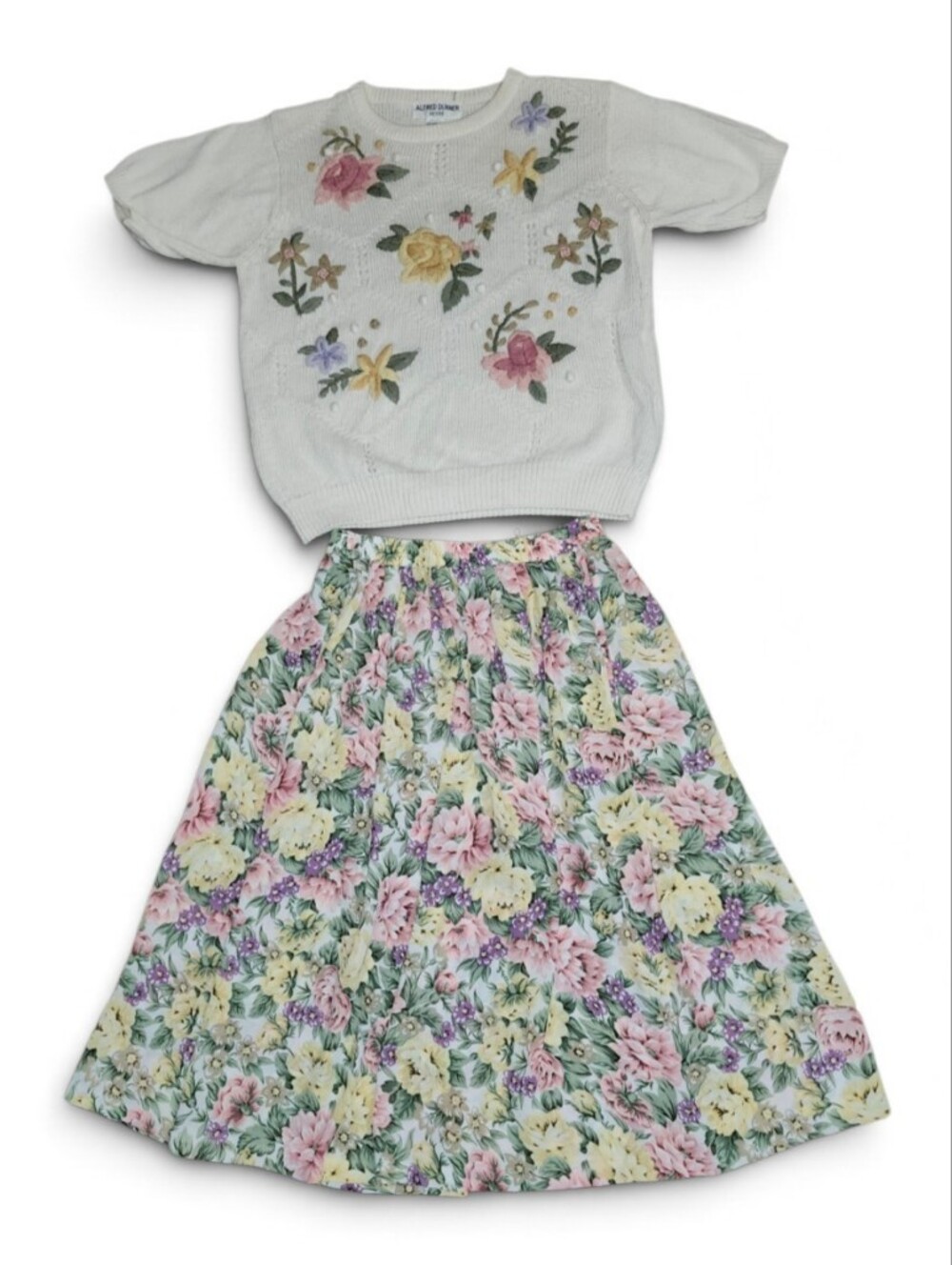 Alfred Dunner White Knit Top with Pink, Yellow & Purple Floral Sheer Flowy Skirt